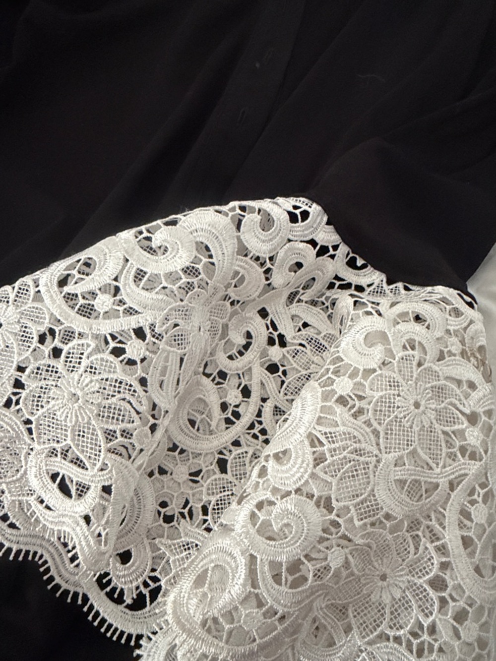 Anne Fontaine Black Button-Up Blouse with White Lace Collar & Bell Sleeves - Picture 2 of 4